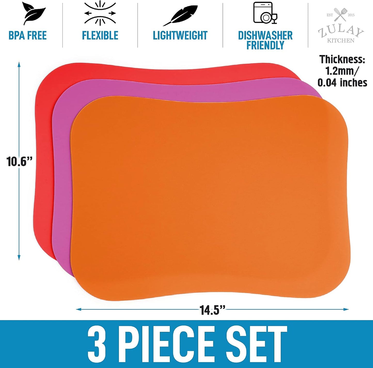 Zulay Kitchen Non-Slip Flexible Cutting Board Set - Dishwasher Friendly Cutting Mats For Cooking - Thick & Durable Flexible Cutting Mats - Non-Porous Cutting Board Mat Set of 3