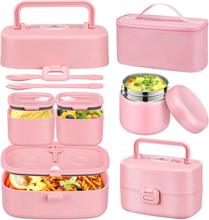 Bento Lunch Box for Kids with 8oz Soup Thermo,2 Leak-Proof Food Containers, a Lunch Bag, Kids Thermo Insulated Hot Food Jar for School, Travel-Green