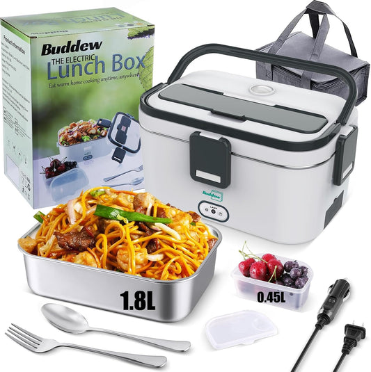 Buddew Electric Lunch Box for Adults, 80W Heated Lunch Box 1.8L Stainless Steel Portable Food Warmer,12/24/110V Lonchera Electrica Portatil for Travel & Work, Loncheras para Hombres de Trabajo