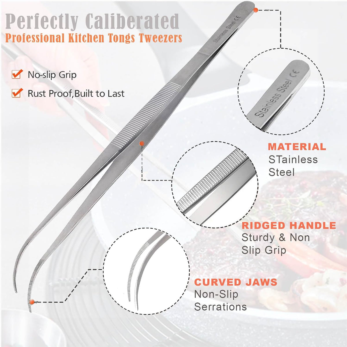 A2Z Cooking Tweezer Straight and Curved Tong Set, Tongs Precision Serrated Tips, Stainless Steel Professional Chef Tweezer Kitchen Tools for BBQ, Plating and Serving (Set of 2-10")