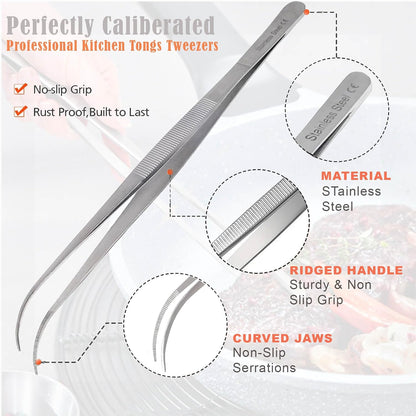 A2Z Cooking Tweezer Straight and Curved Tong Set, Tongs Precision Serrated Tips, Stainless Steel Professional Chef Tweezer Kitchen Tools for BBQ, Plating and Serving (Set of 2-10")