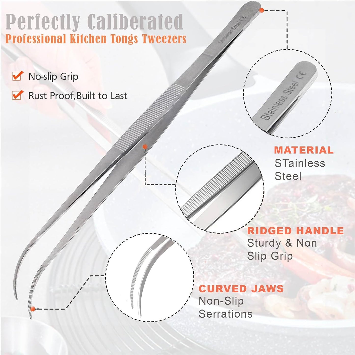 A2Z Cooking Tweezer Straight and Curved Tong Set, Tongs Precision Serrated Tips, Stainless Steel Professional Chef Tweezer Kitchen Tools for BBQ, Plating and Serving (Set of 2-10")