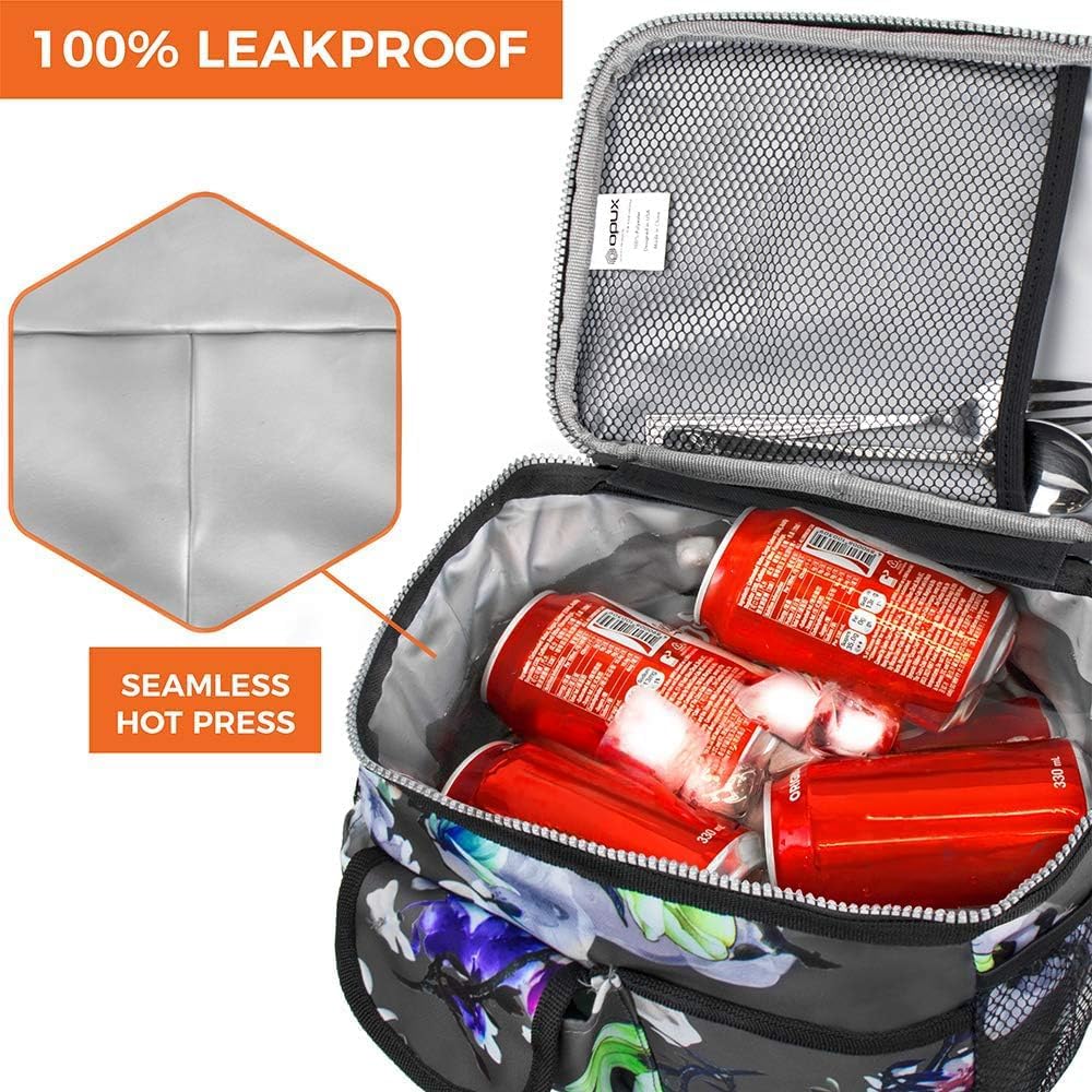 opux Insulated Lunch Bag Women Men, Dual Compartment Leakproof Lunch Box Adults Kids, Double Decker Meal Prep Bento Lunch Cooler Tote with Shoulder Strap for Work Office School Travel, Floral Purple