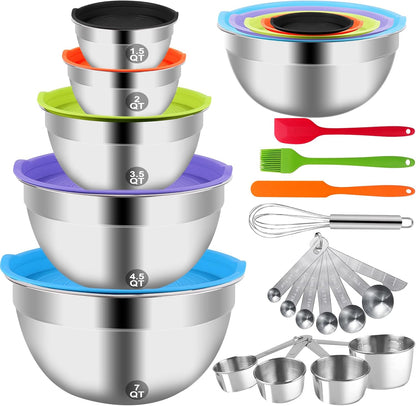 WEPSEN Mixing Bowls Set, 25PCS Stainless Steel Mixing Bowl with Lid Set, Large Nesting Bowls 7, 4.5, 3,2, 1.5QT, Measuring Cups and Spoons Baking Utensils Metal Bowl for Kitchen Prep
