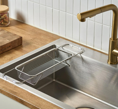 WAGENSTEIGER Extendable Dish Rack with Feet, Vegetable Colander Basket, Stainless Steel Dish or Silverware Drying Rack, Ultimate Kitchen Organizer Over the Sink (11.81 x 8.27 x 2.76 Inches)