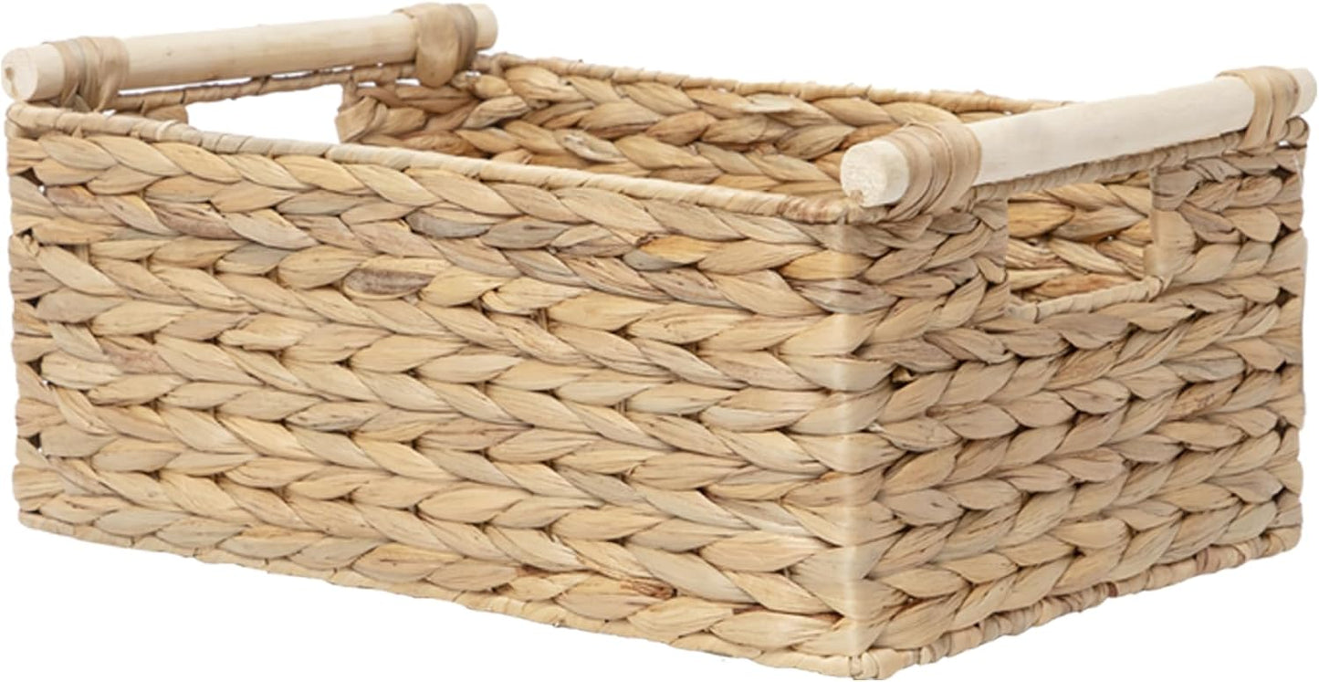Water Hyacinth Wicker Storage Basket, Rectangular Handwoven Shelf Organizer with Wooden Handles for Pantry & Closet (Medium)