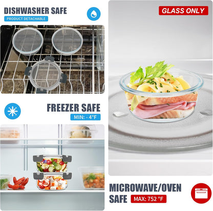 6Pack 22oz Glass Meal Prep Containers, Glass Food Storage Containers Sets with Snap Leak Proof Lids for Microwave, Oven, Freezer and Dishwasher Safe (Grey, 22oz)