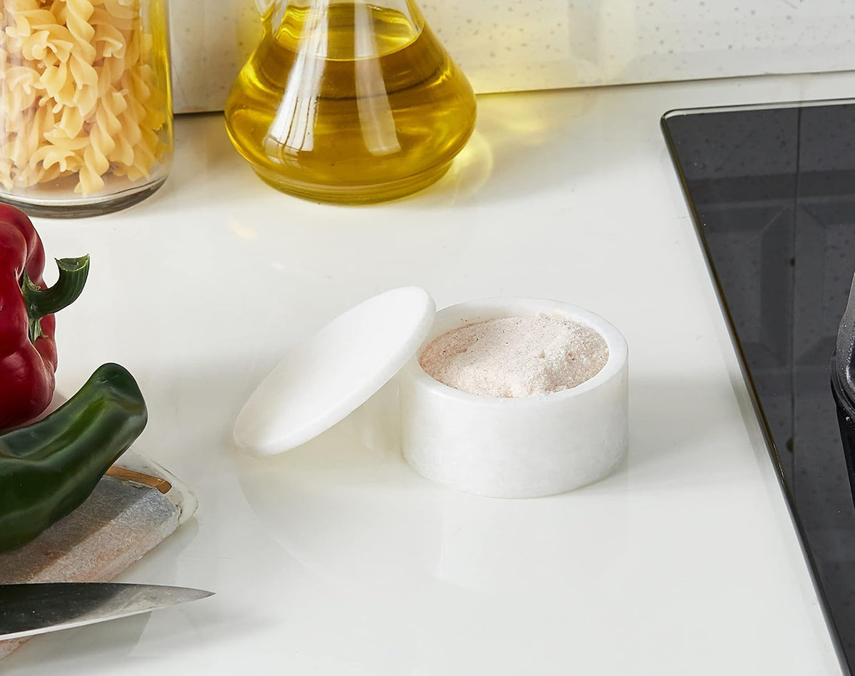 Queenza White Marble Salt Cellar with Lid – Handmade Salt Box & Salt Container for Kitchen Countertop