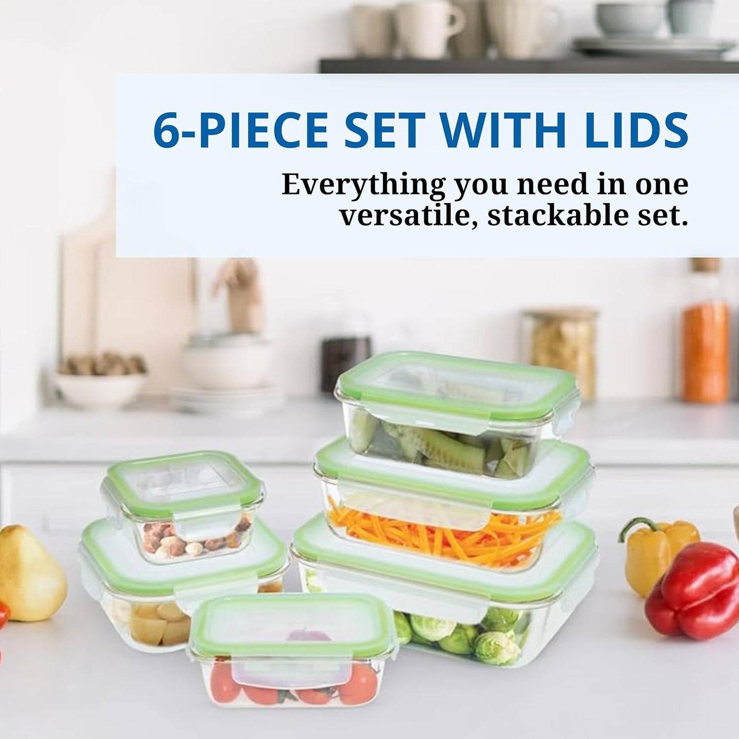 Westinghouse 6-Piece Glass Food Storage Container Set with Airtight Lids - BPA-Free, Stackable, Leakproof, Freezer, Microwave, Oven & Dishwasher Safe Meal Prep Containers - 320ml to 1520ml