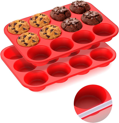 Silicone Muffin Pan for Baking: 12 Cup Muffin Pan with Metal Reinforced Frame, Regular Size Cupcake Egg Bites Molds for Baking, BPA Free Silicone Muffin Tray, Dishwasher Safe (1 Pack, Red)