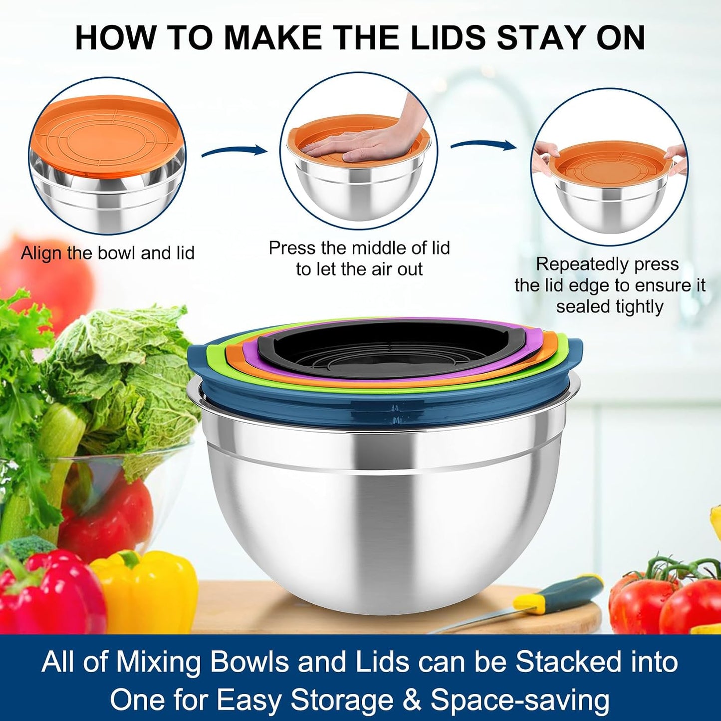 TeamFar Mixing Bowls with Airtight Lids, 5PCS Stainless Steel Metal Salad Bowl with 3 Grater Attachments, for Cooking, Prepping, Serving, Healthy & Easy Clean - 0.7/1/1.5/2.6/4.6QT, Black