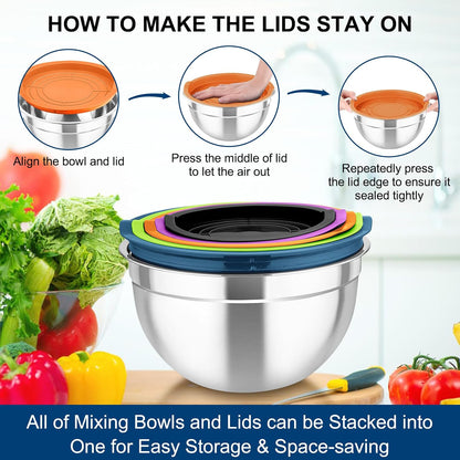 TeamFar Mixing Bowls with Airtight Lids, 5PCS Stainless Steel Metal Salad Bowl with 3 Grater Attachments, for Cooking, Prepping, Serving, Healthy & Easy Clean - 0.7/1/1.5/2.6/4.6QT, Black