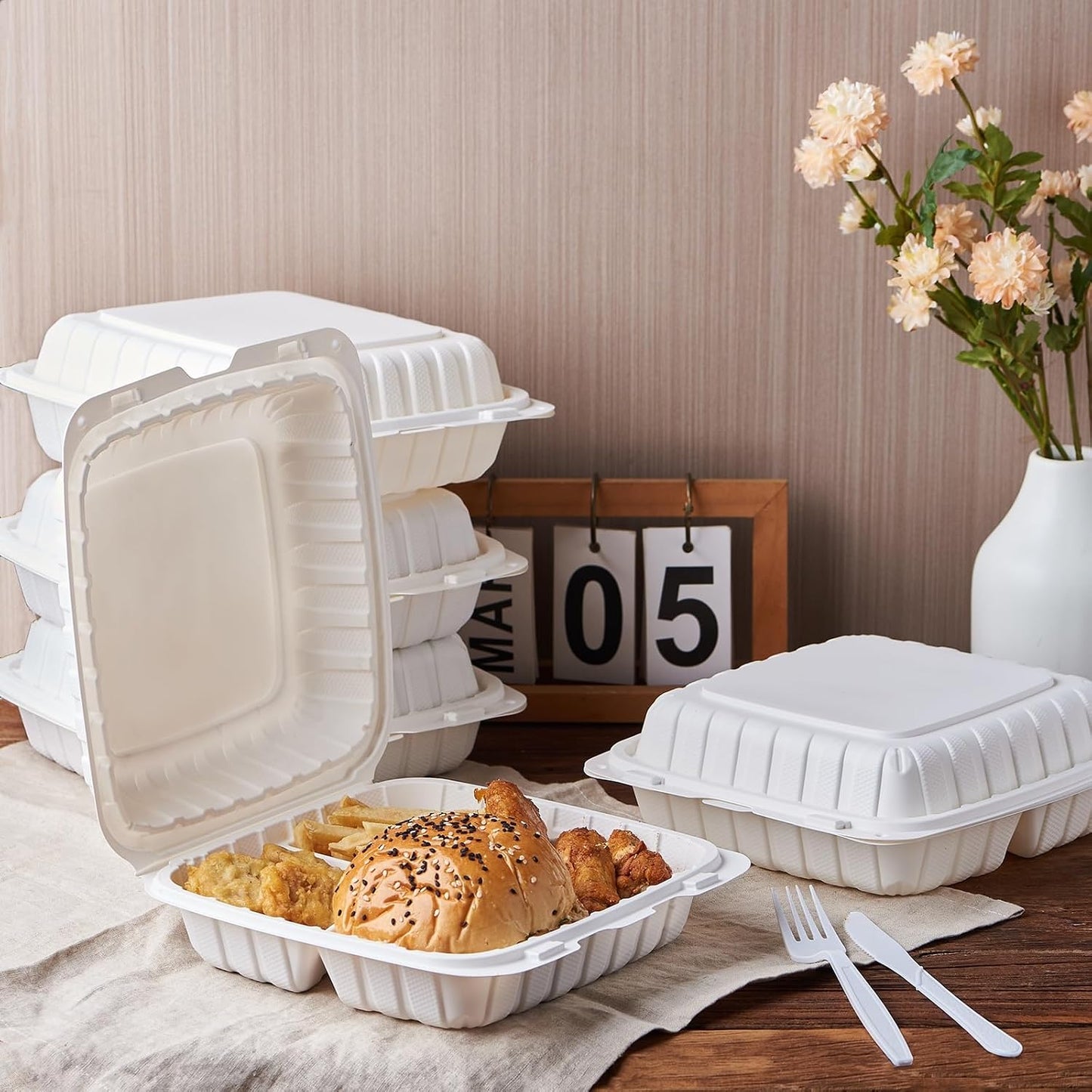 8X8 3-Compartment 50-Pack Plastic Clamshell Takeout Food Trays Heavy Duty Togo Disposable Box Carryout Meal Prep Packaging Catering Hinged Containers With Secure Snap Lid (Formerly FULING)