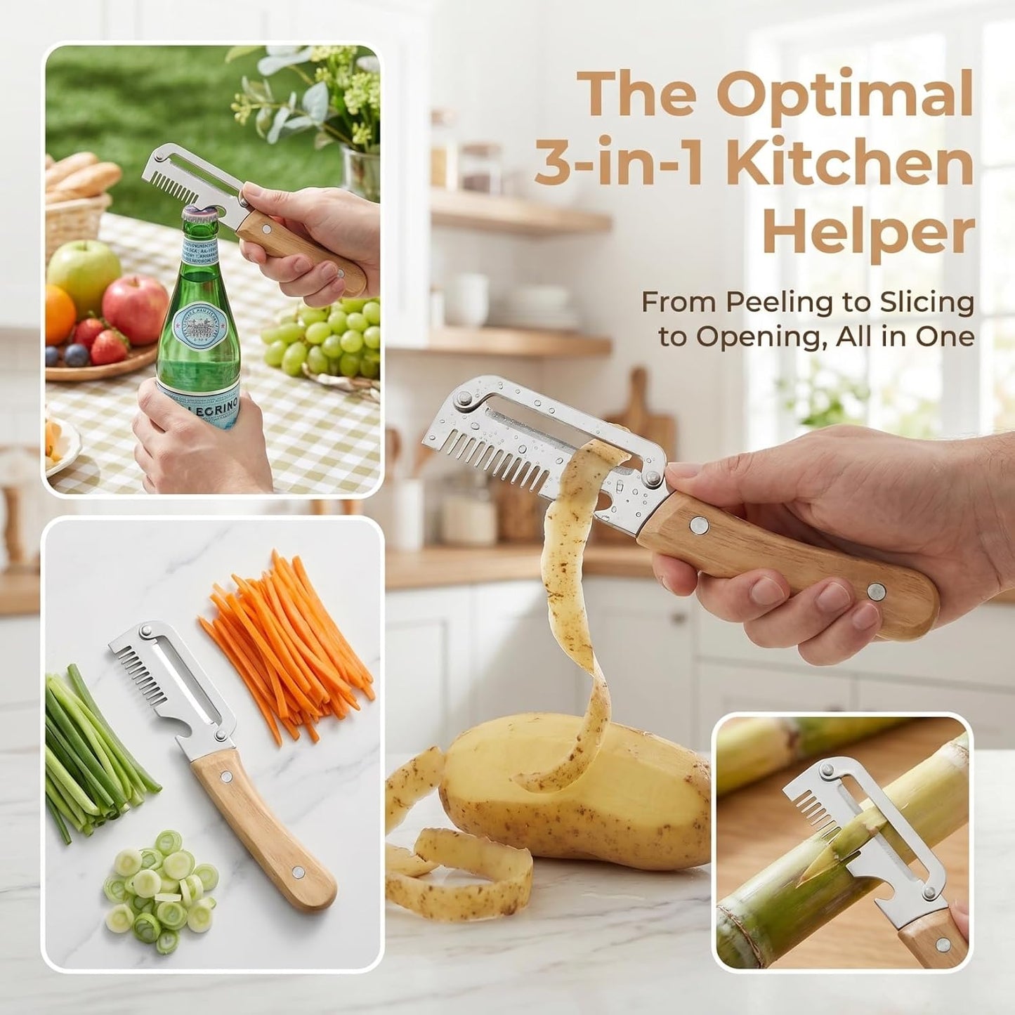 2pcs Multifunctional Vegetable Peeler Shredder, 3-in-1 Stainless Steel Julienne Peeler Tool with Bottle Opener and Non-slip Wooden Handle, Fruit Peeling Knife for Kitchen