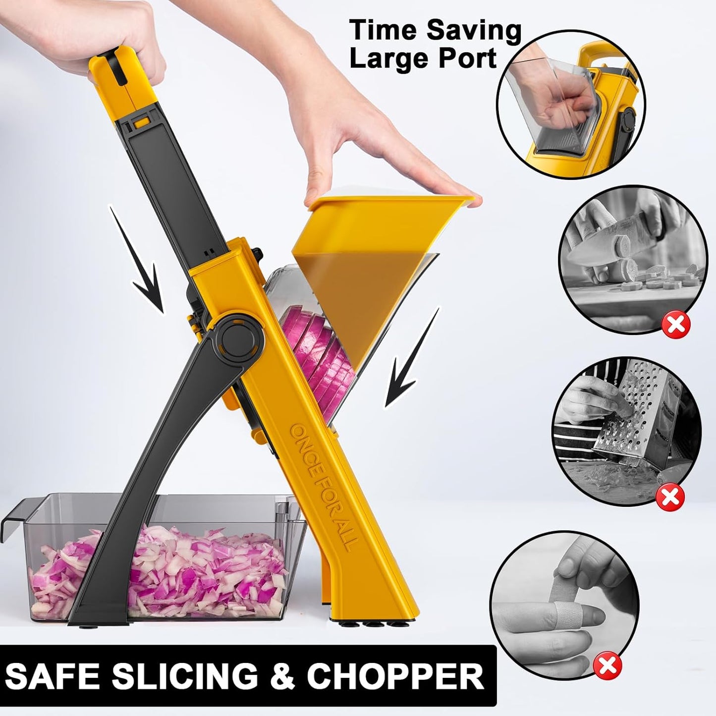 8 in 1 Mandoline Slicer for Kitchen, Vegetable Chopper, Potato Slicer, Fry Cutter Onion Chopper with Drain Basket Food Container with Lid, Stainless Steel Cheese Grater for Quick Meal Pre (Black)