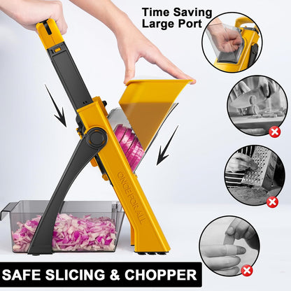 8 in 1 Mandoline Slicer for Kitchen, Vegetable Chopper, Potato Slicer, Fry Cutter Onion Chopper with Drain Basket Food Container with Lid, Stainless Steel Cheese Grater for Quick Meal Pre (Black)