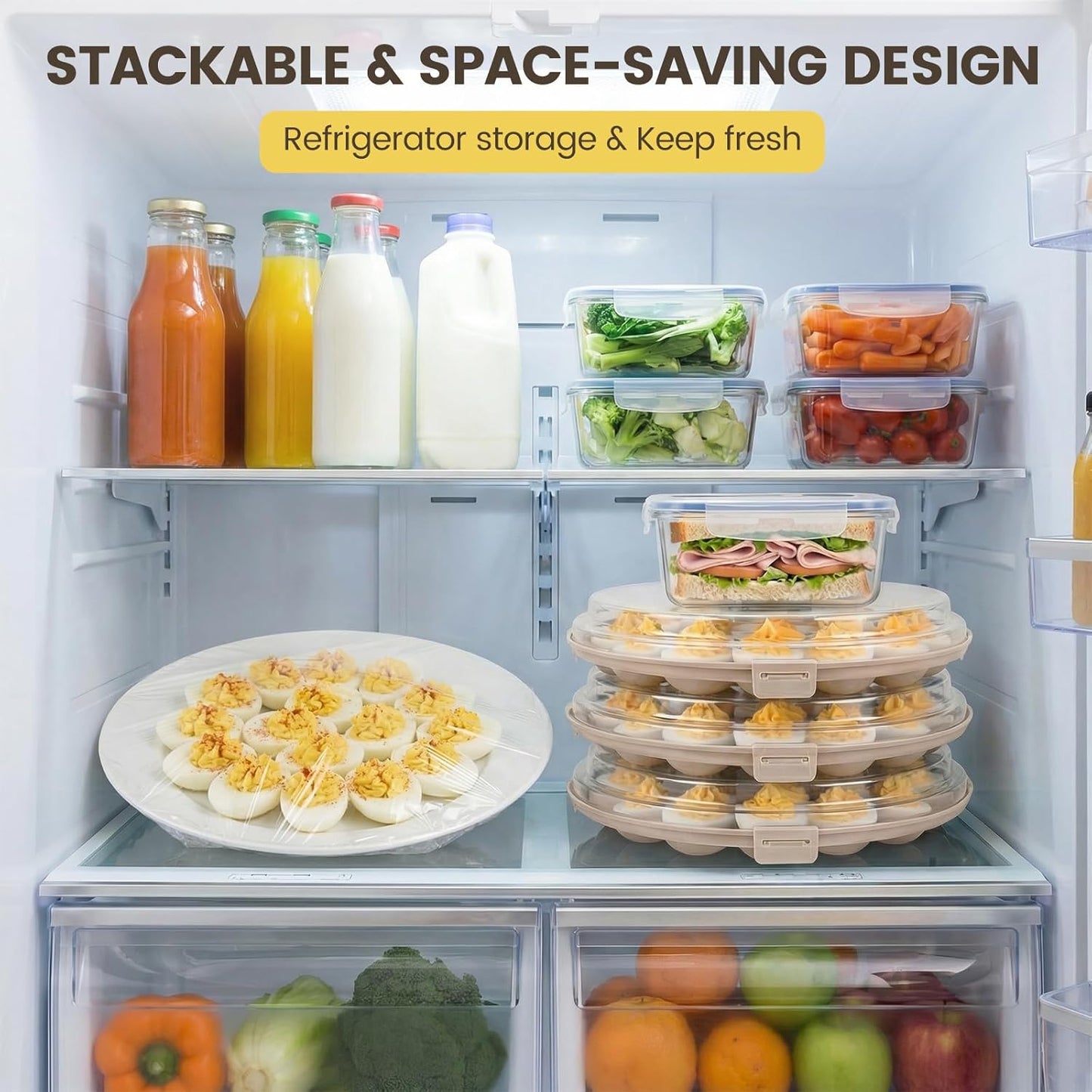 HAKSEN Deviled Egg Containers with Lid, Portable Deviled Egg Platter Carrier Holder Trays with 22 Slots for Holiday Party and Home Kitchen, Brown