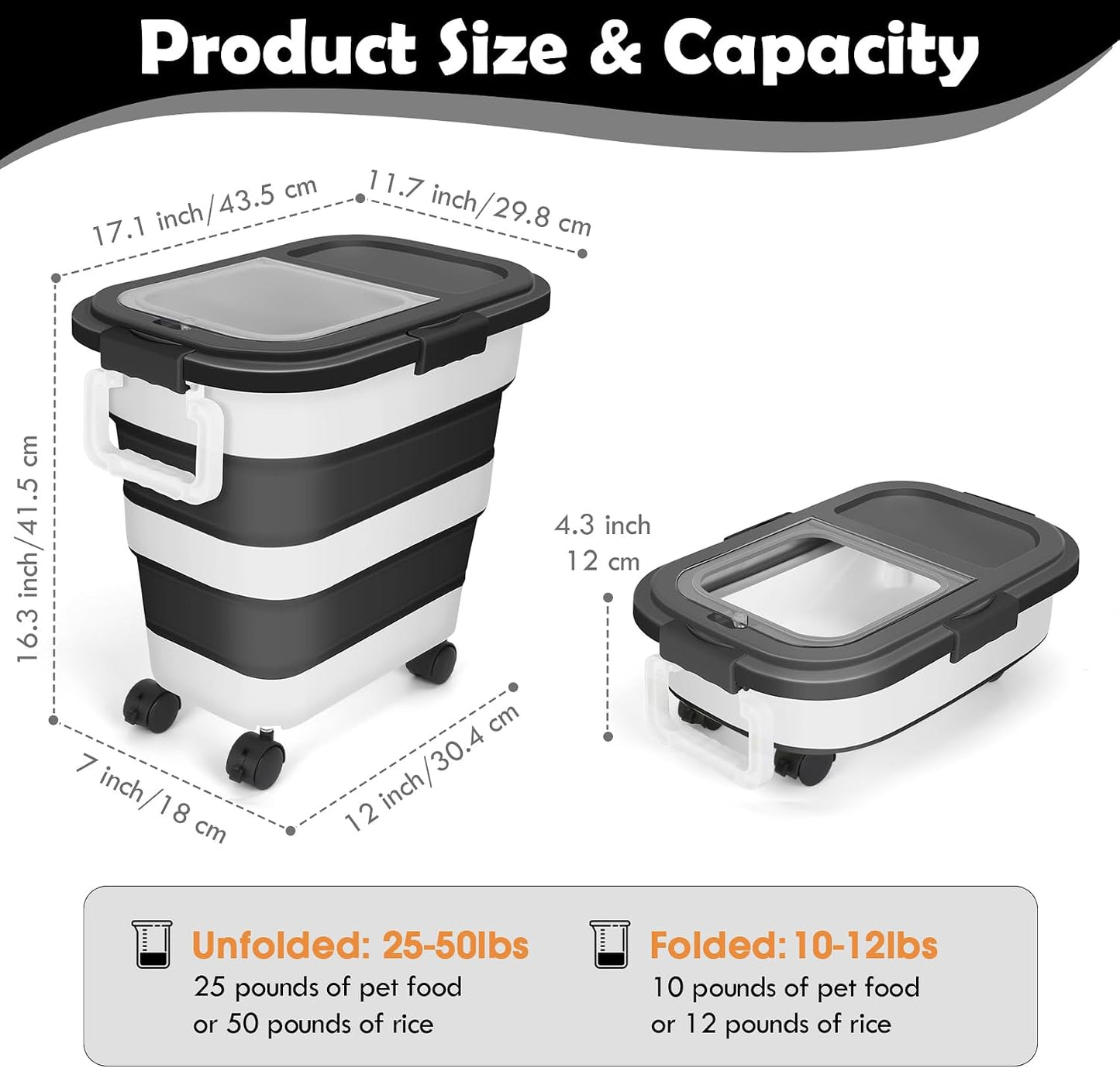 Dog Food Storage Container, 25Lbs Large Collapsible Pet Cat Food Container with Airtight Lids Wheels Handle Scoop Measuring Cup Small Container, Rice Kitchen Dry Food Storage Dispenser Bin (Black)