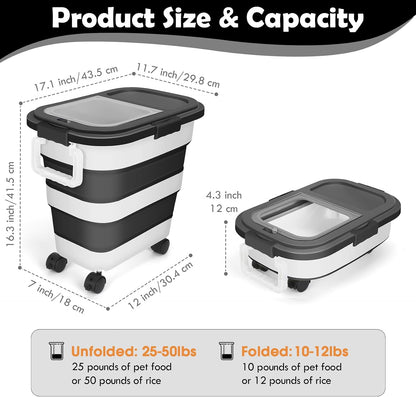 Dog Food Storage Container, 25Lbs Large Collapsible Pet Cat Food Container with Airtight Lids Wheels Handle Scoop Measuring Cup Small Container, Rice Kitchen Dry Food Storage Dispenser Bin (Black)