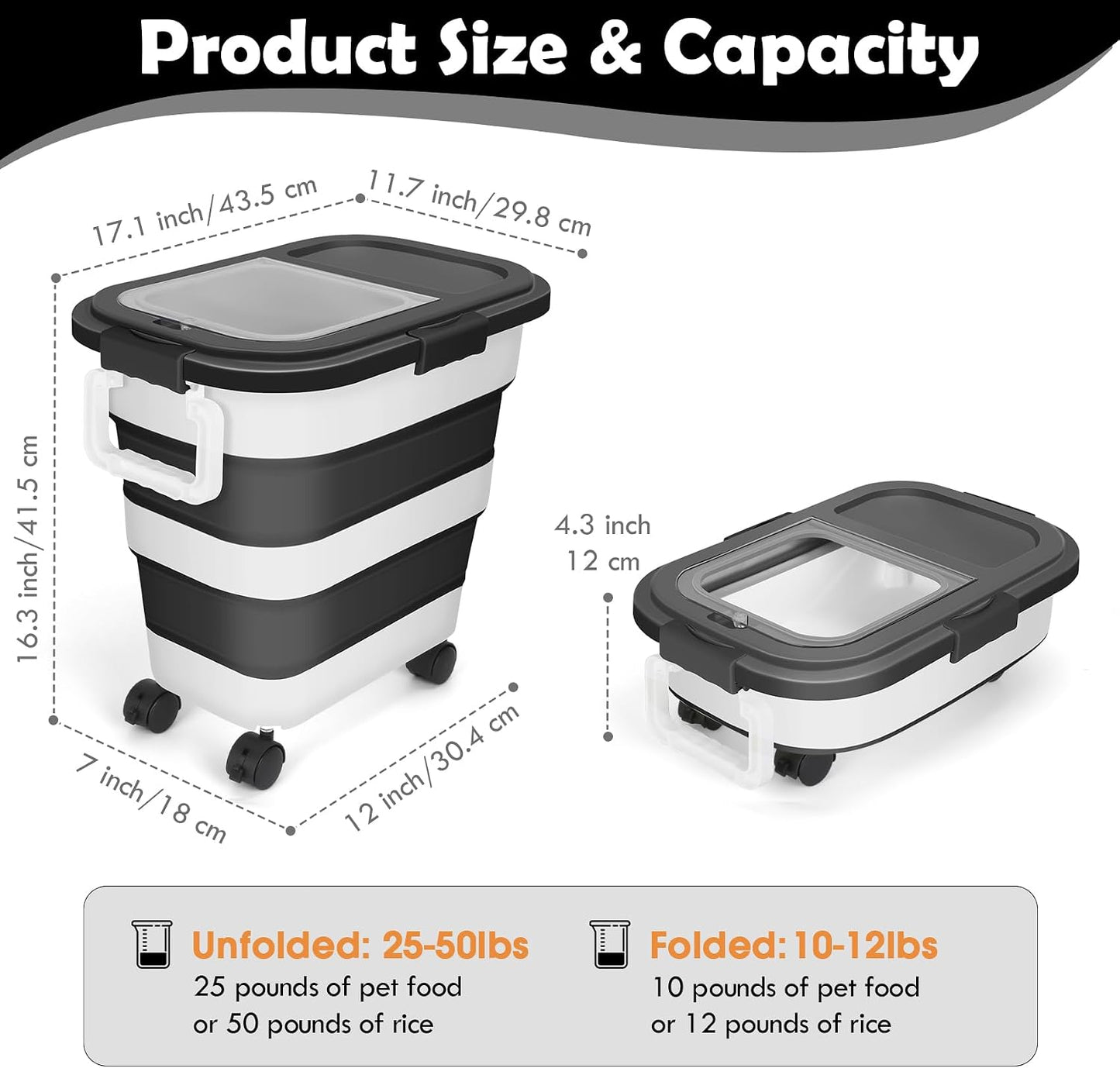 Dog Food Storage Container, 25Lbs Large Collapsible Pet Cat Food Container with Airtight Lids Wheels Handle Scoop Measuring Cup Small Container, Rice Kitchen Dry Food Storage Dispenser Bin (Black)