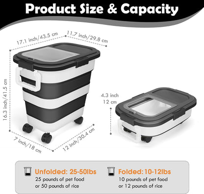 Dog Food Storage Container, 25Lbs Large Collapsible Pet Cat Food Container with Airtight Lids Wheels Handle Scoop Measuring Cup Small Container, Rice Kitchen Dry Food Storage Dispenser Bin (Black)