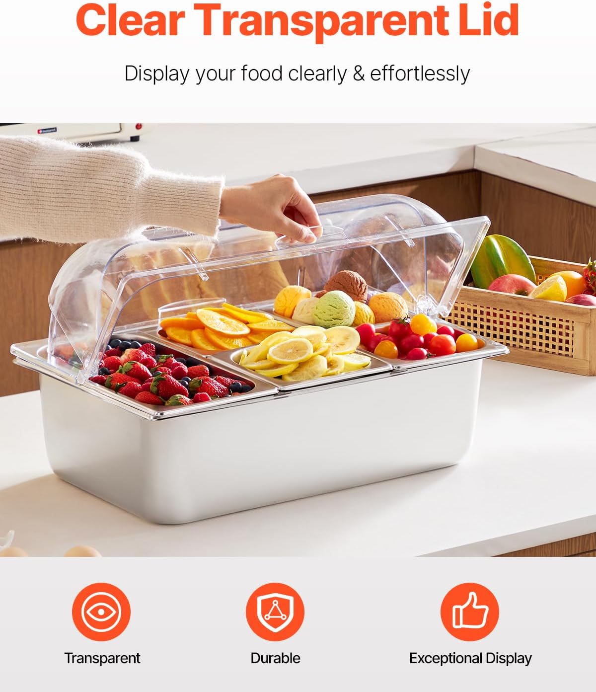 VEVOR Chilled Condiment Server Caddy, 5 Compartment Ice Cooled Serving Container, Plastic Fruit Garnish Tray Platter with Lid, for Taco Salad Bar Accessories, Party Home Restaurant Supplies