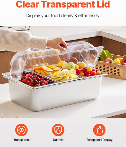 VEVOR Chilled Condiment Server Caddy, 5 Compartment Ice Cooled Serving Container, Plastic Fruit Garnish Tray Platter with Lid, for Taco Salad Bar Accessories, Party Home Restaurant Supplies
