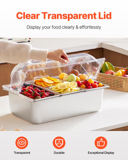 VEVOR Chilled Condiment Server, 4 Compartment Ice Cooled Condiment Serving Container, Chilled Garnish Tray Bar Caddy with Lid, for Bartending & Serving Taco, Salad, Fruit, Home & Restaurant Supplies