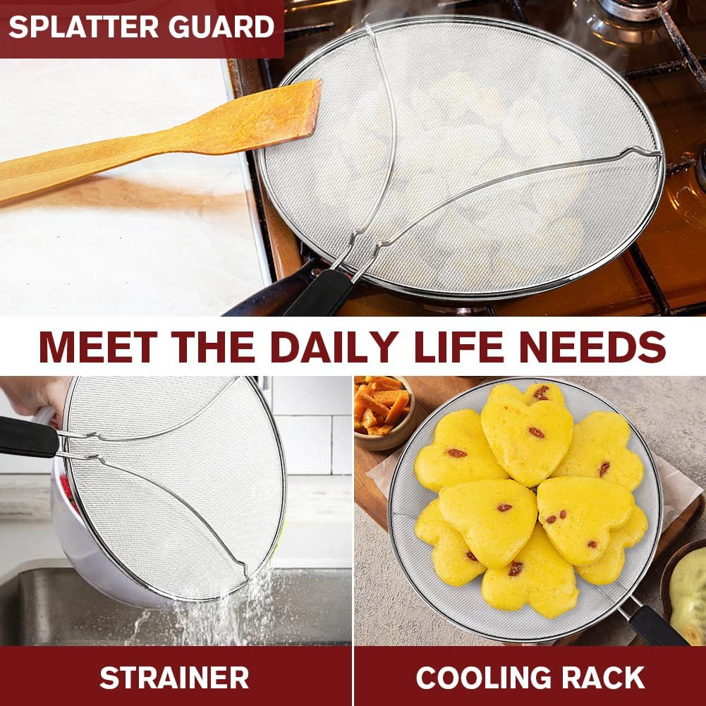Splatter Screen for Frying Pan & Food Strainer,13 Inch Stainless Steel Grease Splatter Guard,Shield from Splashing Oil, Dishwasher Safe(Red)