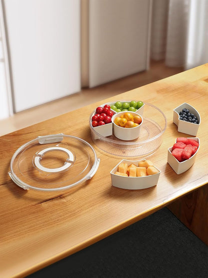 SUNBABA Creative Turntable Storage Organizer Rotating Snack Tray Serving Tray with Lid and Handle Snackle Box Container Removable Nut Case Round Dried Fruit Case