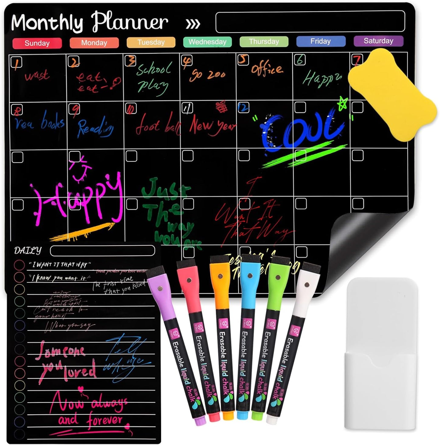 Magnetic Monthly & Weekly & Daily Chalkboard Planner for Fridge - Shopping, Meal/Menu, To Do List, Family Schedule Magnetic Dry Erase Calendar 16"X12"
