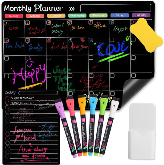 Magnetic Monthly & Weekly & Daily Chalkboard Planner for Fridge - Shopping, Meal/Menu, To Do List, Family Schedule Magnetic Dry Erase Calendar 16"X12"