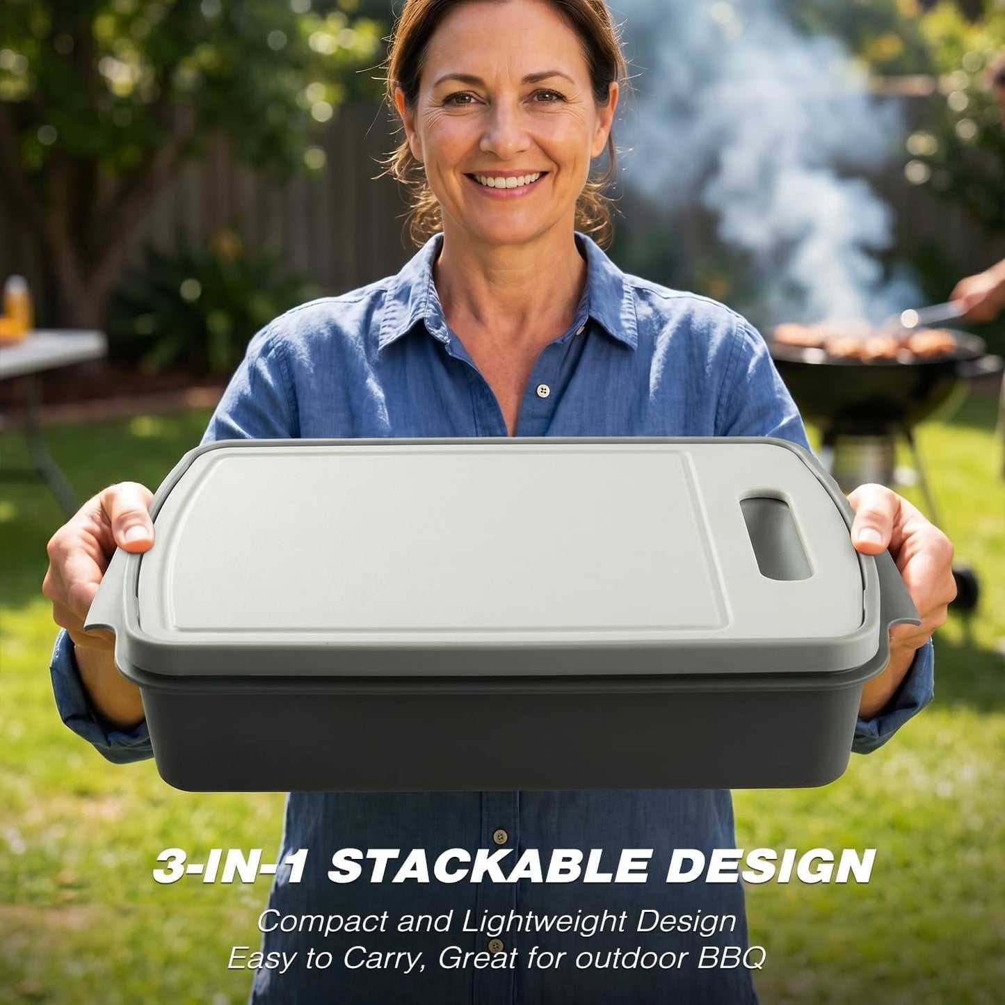 Sunmei Grill Prep and Serving Trays, 3-in-1 Stackable BBQ Food Tray, 5PCS BBQ Serving Set with Marinating Container, Serving Platter, Cutting Board and 2PCS Colored 12-Inch Grill Tongs (Green)
