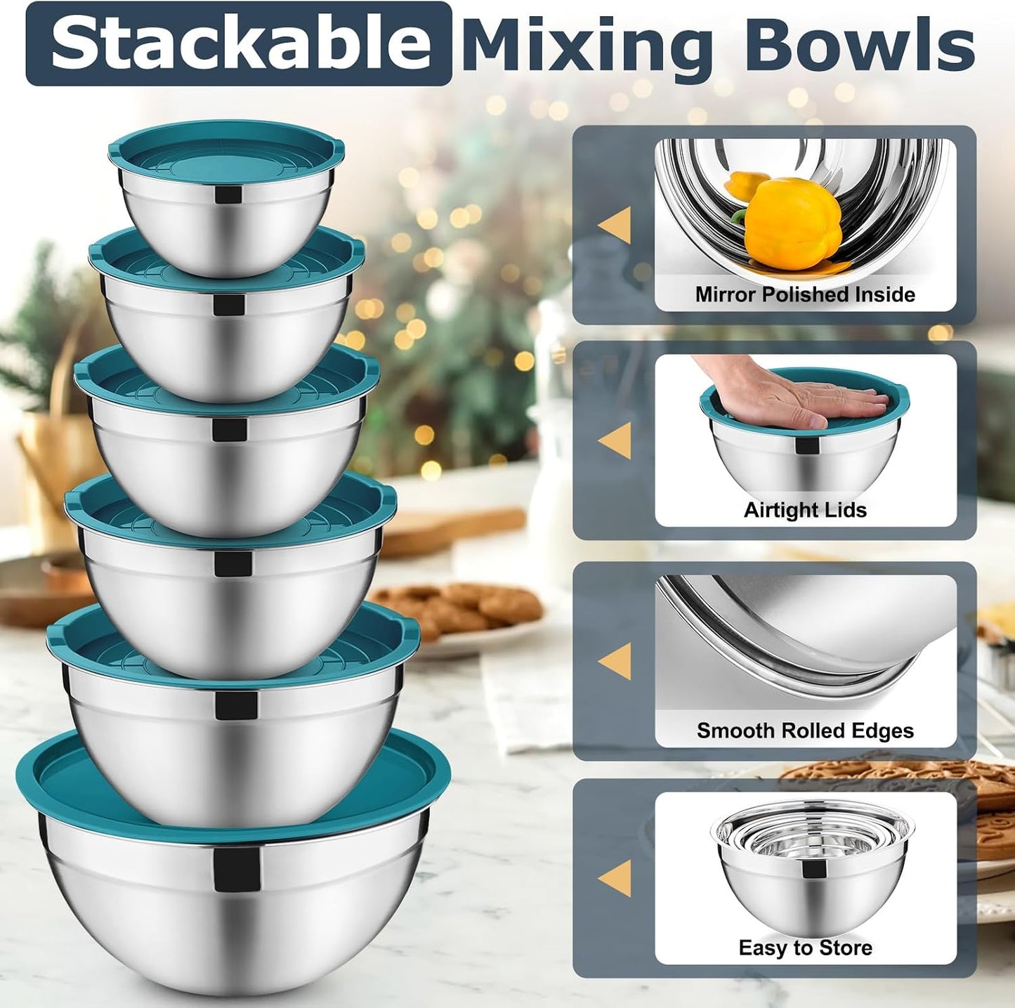 P&P CHEF Mixing Bowls with Lids Set of 6, Stainless Steel Nesting Salad Bowl & 3 Grater Attachments for Prepping Storing, 4.6/2.6/2/1.5/1/0.7 QT, Khaki
