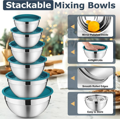 P&P CHEF Mixing Bowls with Lids Set of 6, Stainless Steel Nesting Salad Bowl & 3 Grater Attachments for Prepping Storing, 4.6/2.6/2/1.5/1/0.7 QT, Khaki