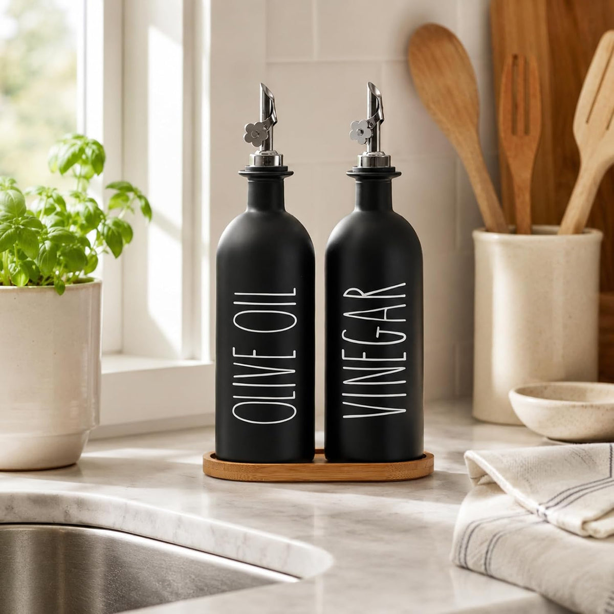 HOMCDALY Premium Olive Oil Dispenser for Kitchen, 11.8oz Glass Oil Bottles with Bamboo Tray, White Oil&Vinegar Cruet Set, Kitchen Dispenser Bottles with Pourer| Set of 2 (11.8oz –P–White)