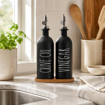 HOMCDALY Premium Olive Oil Dispenser for Kitchen, 11.8oz Glass Oil Bottles with Bamboo Tray, White Oil&Vinegar Cruet Set, Kitchen Dispenser Bottles with Pourer| Set of 2 (11.8oz –P–White)