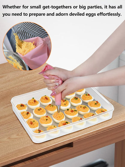 Artcome 2 PC Deviled Egg Storage Containers with Lids, Travel Carrying Bag & Pastry Decorating Kit - Stackable Egg Holder, Portable Platter for Parties, Easter, Picnics and Travel - PP Material