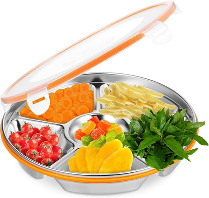 Toyvian Stainless Steel Divided Serving Tray with Lid 6-Compartment Veggie Tray Fruit Platter Snack Containers for Family Gatherings Picnics 10.23X10.23X2.16In