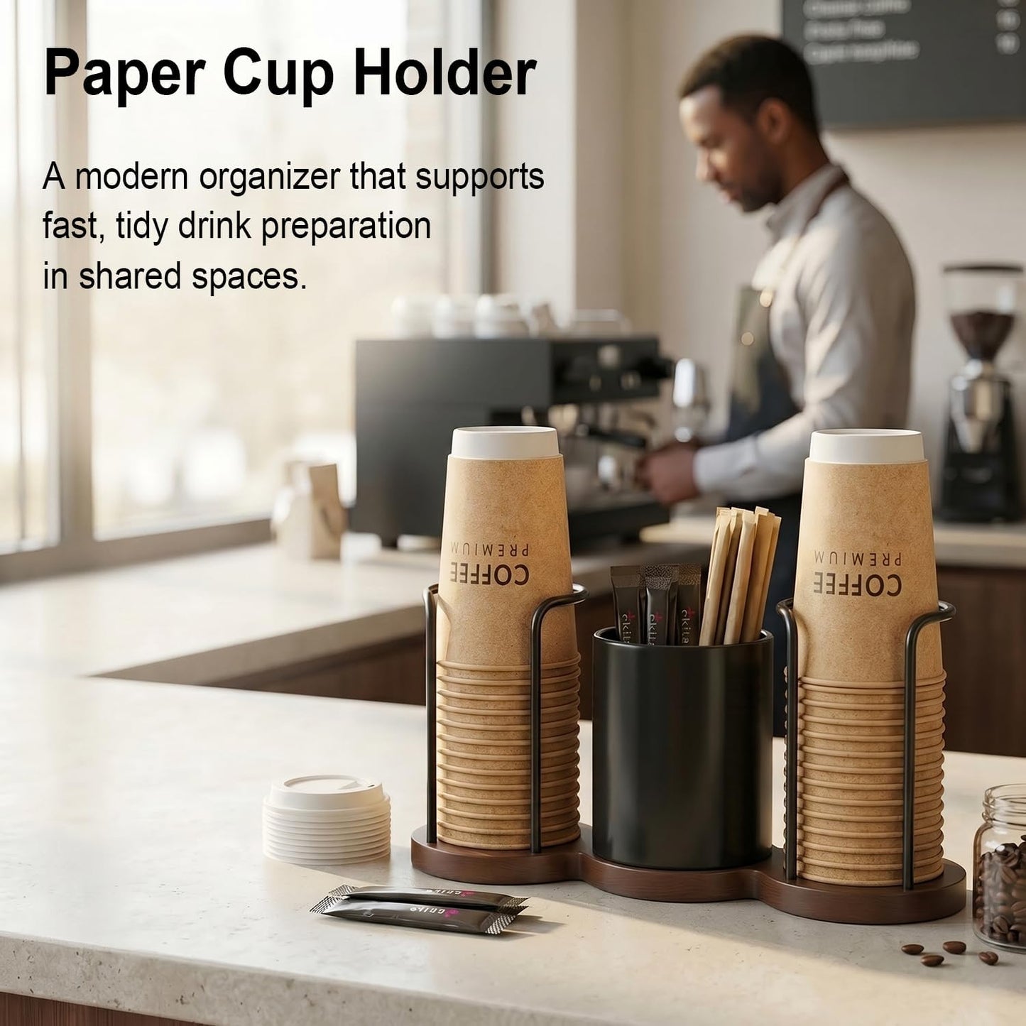 GOYLSER Coffee Station Organizer with Straw & Stirrer Storage Caddy for Cups Lids, Disposable Paper Cup Holder Cup Organizer for Coffee Bar, Office, Home Kitchen, Gold