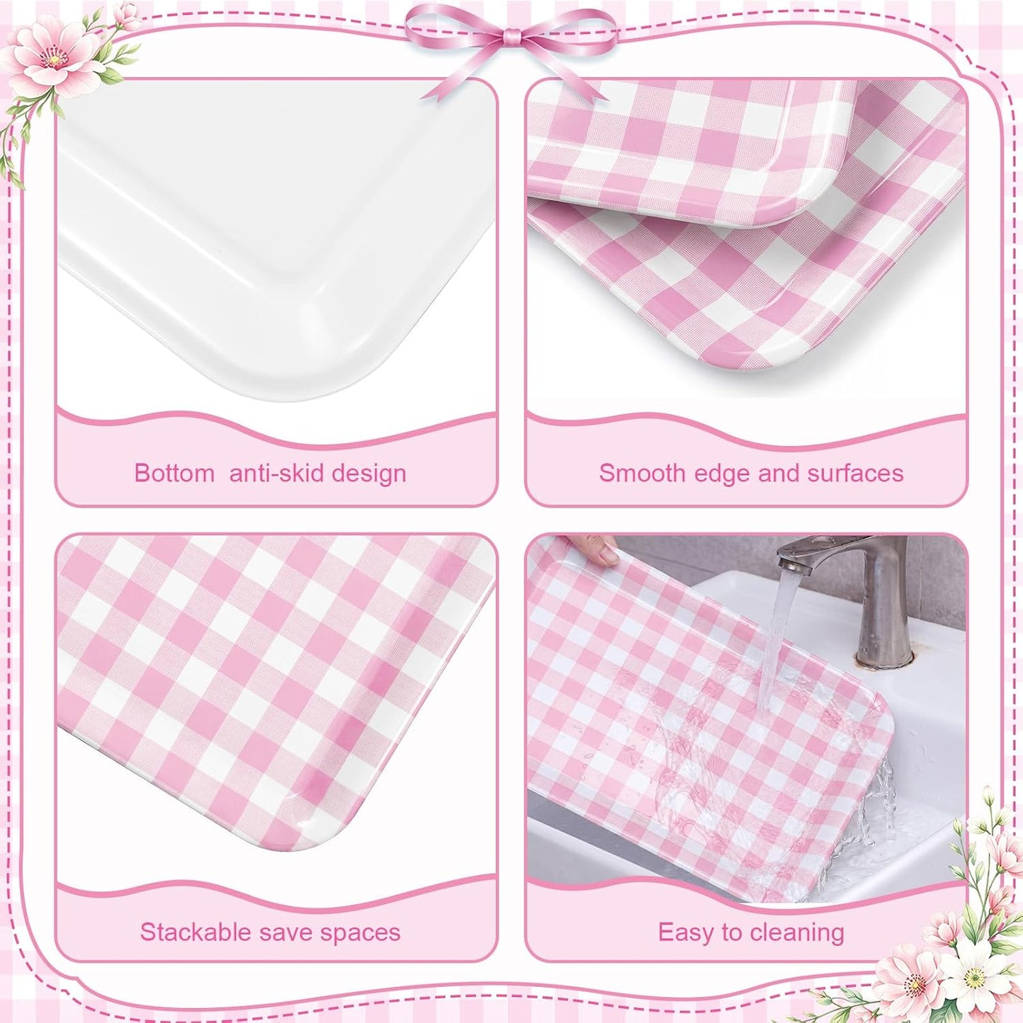 Vesici 3 Pcs Cherry Bow Serving Trays 13 x 10 Inch Pink Bow Cherry Melamine Platters Reusable Rectangular Serving Dishes for Coquette Wedding Baby Shower Birthday Party Sharing Snack Fruit Dessert