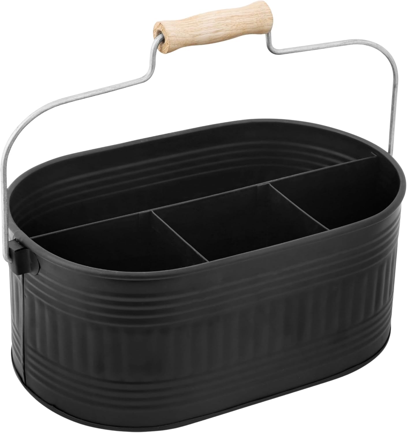 Alpha Living Home Galvanized Metal Utensil Caddy - Rustic Farmhouse Organizer Metal Garden Caddy with 4 Compartments and Wooden Handle for Kitchen, Buffet & Outdoor Events (Silver)