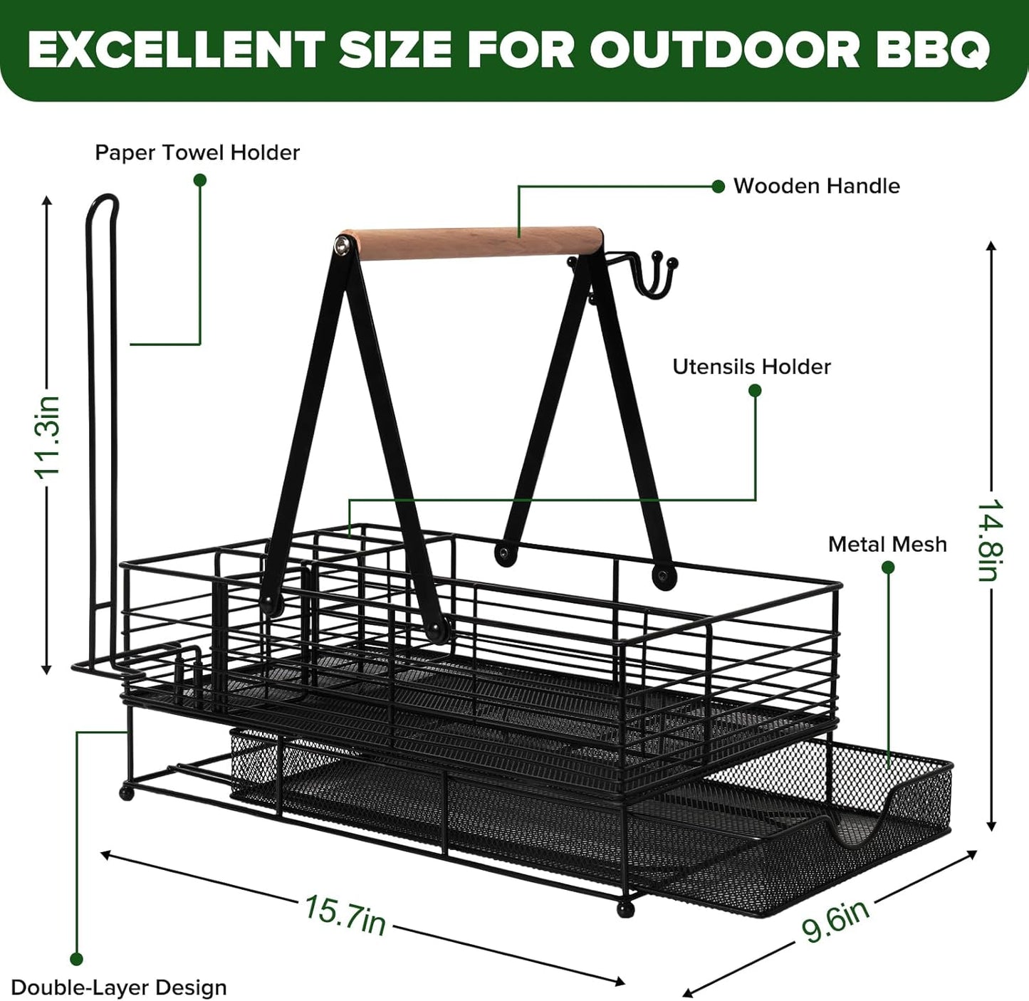 Grill Caddy, BBQ Caddy with Paper Towel Holder, Blackstone Griddle Organizer, Plate and Utensil Holder Organizer for Outdoor Grill, Picnic, Camping, Condiment Storage for Kitchen Counter