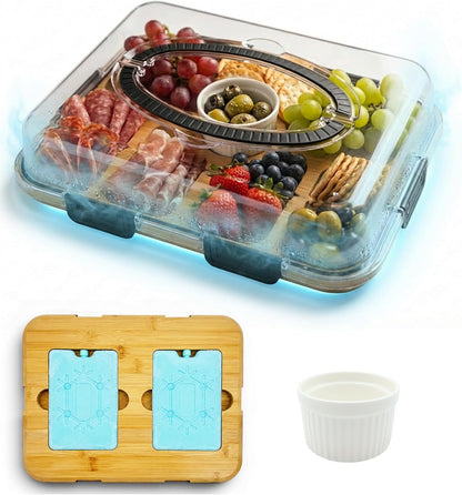 Charcuterie Board with Lid & Ice, Upgraded 6 Snap Laches, Sauce Cup Included, Large Portable Cheese Tray with Handle, Serving Tray for Picnic & Pool, House Warming Gifts New Home (Black)