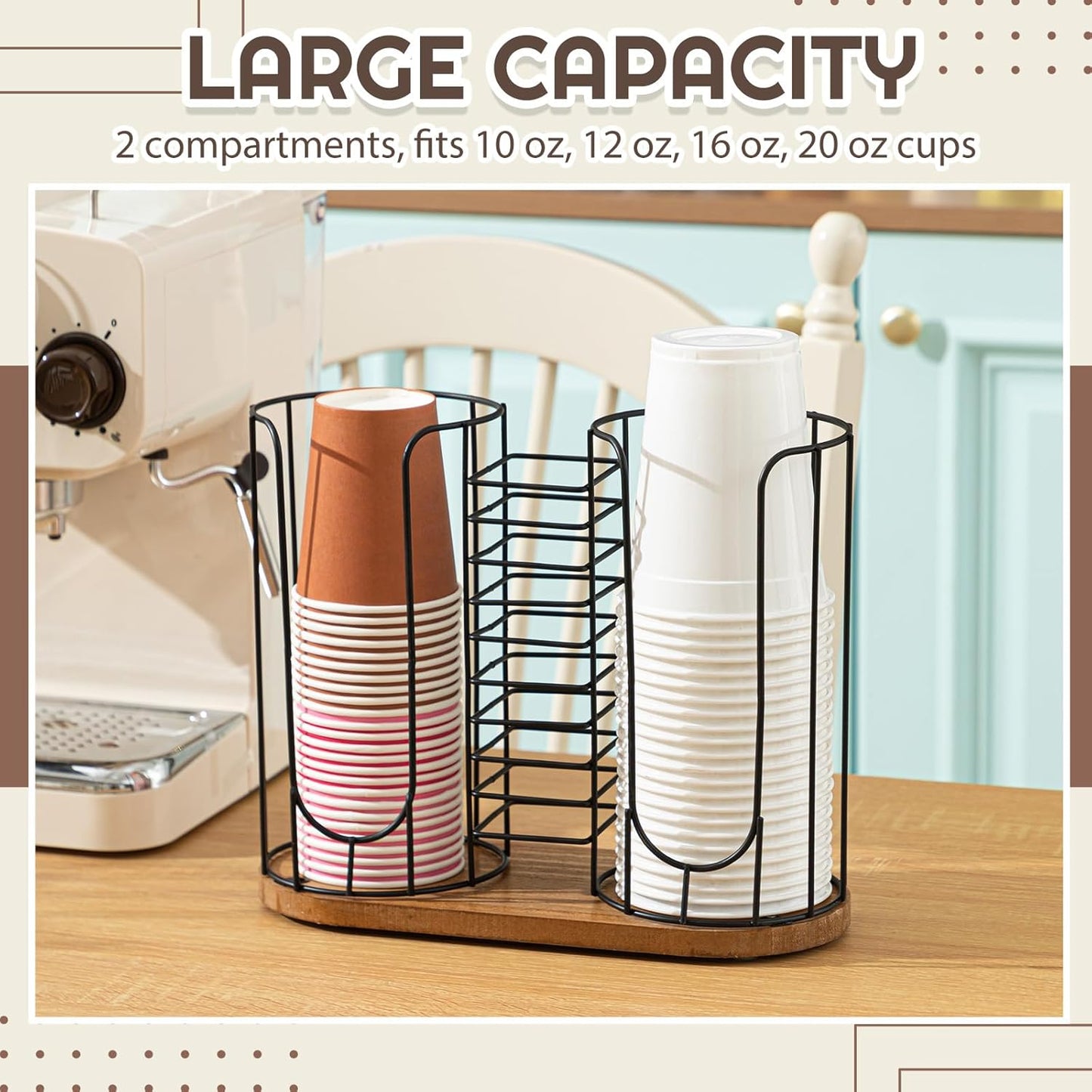 Geelin 18oz Adjustable Coffee Cup Dispenser with Wooden Base, Cup and Lid Holder, Cups Holder Organizer for Coffee Pod Straw and Lid Storage(2-compartment Single,Color 2)