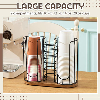 Geelin 18oz Adjustable Coffee Cup Dispenser with Wooden Base, Cup and Lid Holder, Cups Holder Organizer for Coffee Pod Straw and Lid Storage(2-compartment Single,Color 2)