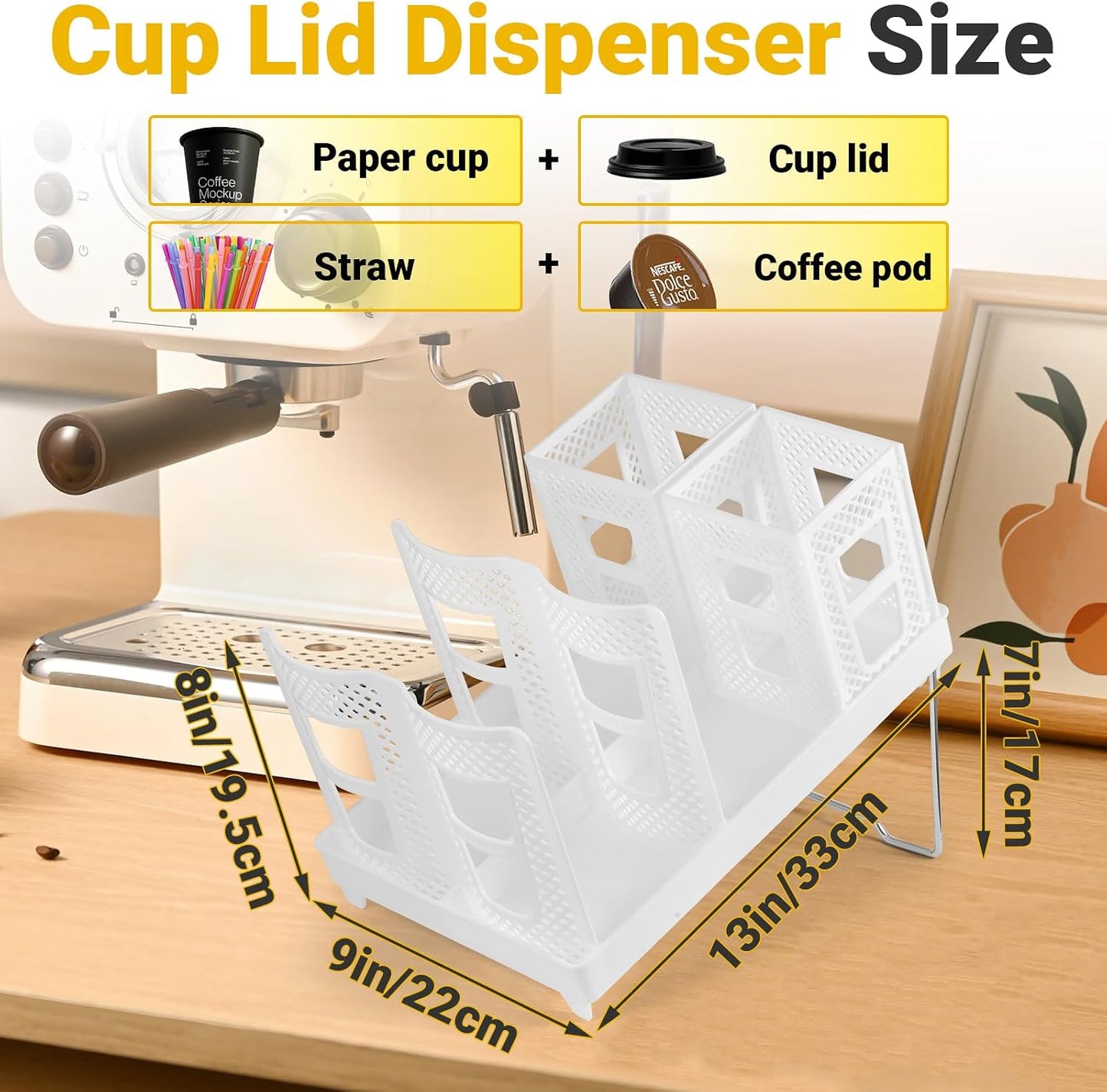 Cup and Lid Holder, Disposable Paper Cup Dispenser with Coffee Pod Straw Storage Basket, Countertop Coffee Cup Holder for Coffee Stations, Bars, Break Rooms, Living Rooms, Parties (Black)