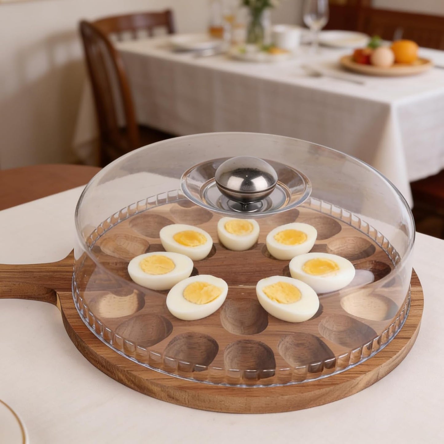 Deviled Egg Containers with Lid & Handle, Round 24 Holes Plate Wooden Carrier Deviled Egg Platter Serving Tray Food Containing Holder Dish for Home Party Supply