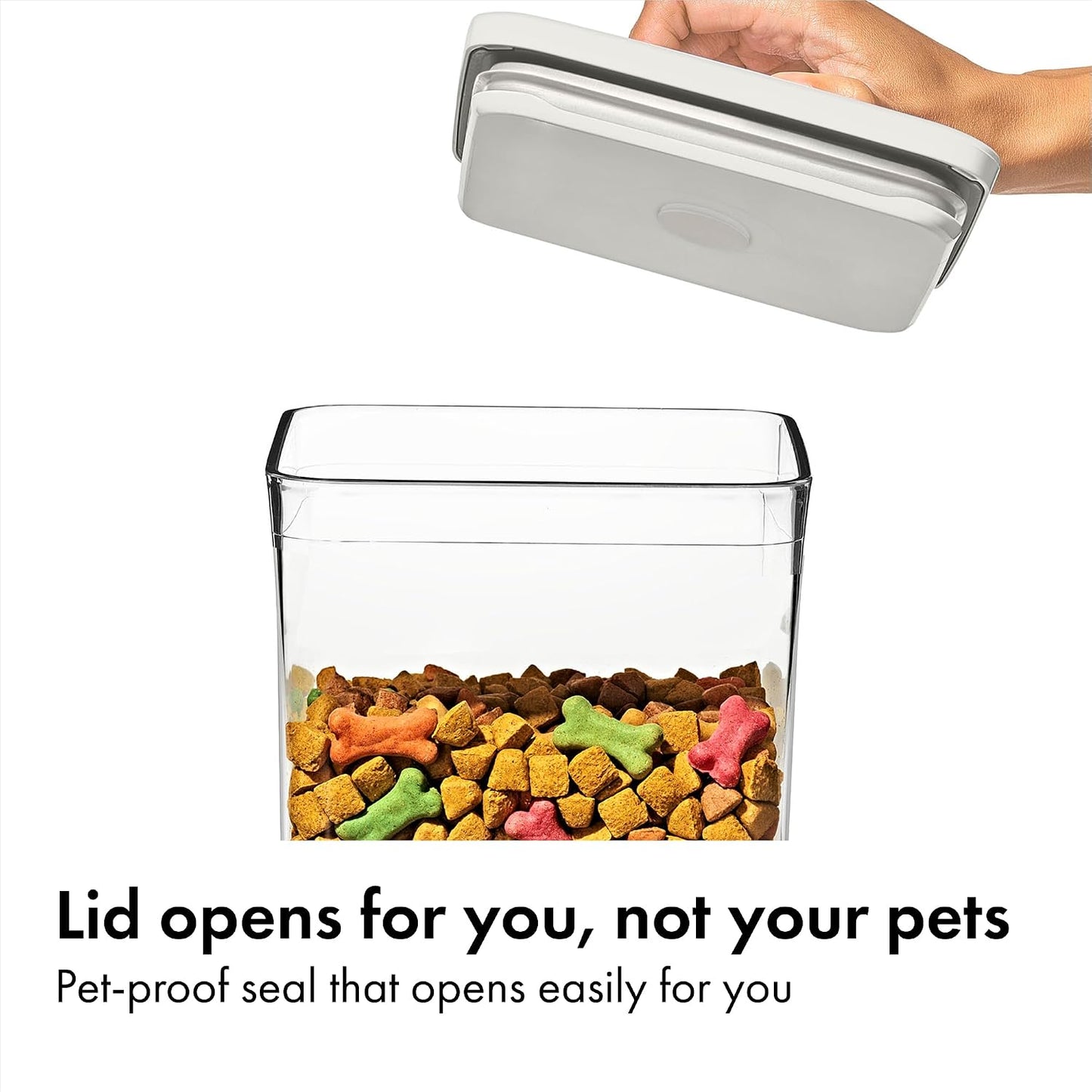 OXO Good Grips Pet POP Container – 6.0 Qt/5.7 L with Half Scoop, Ideal for up to 6.5lbs of Dog Food or 4.5lbs of Cat Food, Airtight Dog and Cat Food Storage Container, BPA Free, Clear