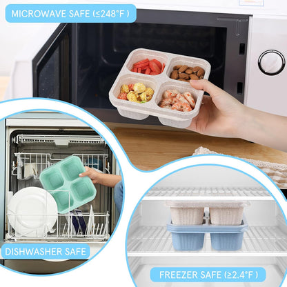 buluker 8 Pack Bento Snack Containers Set， 4 Compartment Food Storage Containers ，Wheat Straw Meal Prep Lunch Box ，Plastic Food Storage container, Microwave and Dishwasher Safe (Bright color)